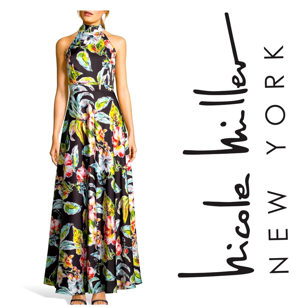 NICOLE MILLER - Black Floral Print Halter Maxi Dress. Size 12